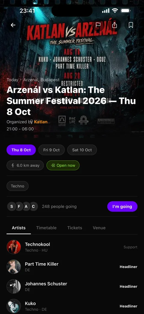 A festival night in VIBE: the lineup by billing, then the timetable for two rooms with the current acts marked as now playing.