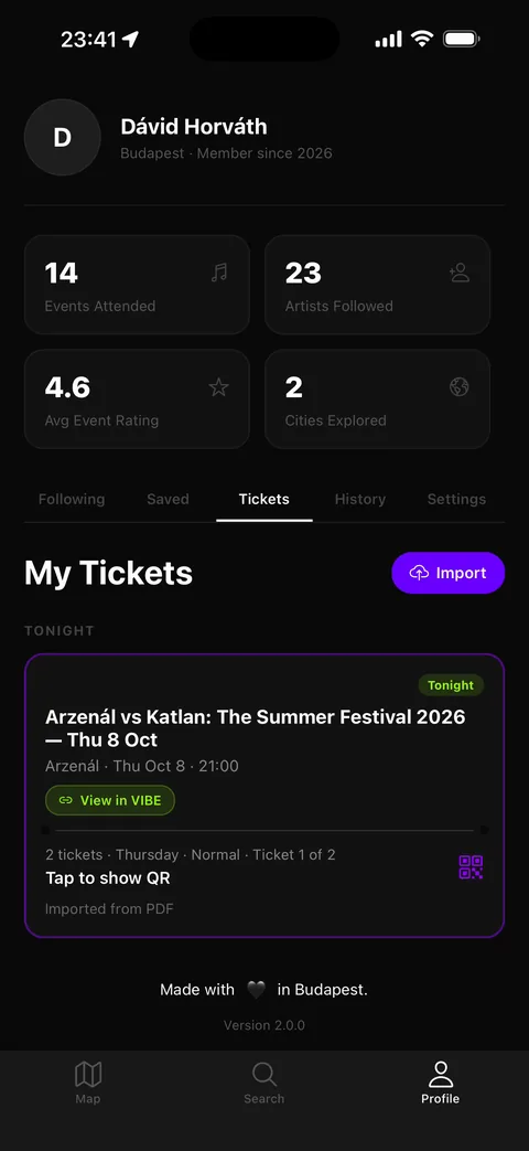 The VIBE ticket wallet: tonight's festival ticket opens to its QR code, with a second ticket one tap away.